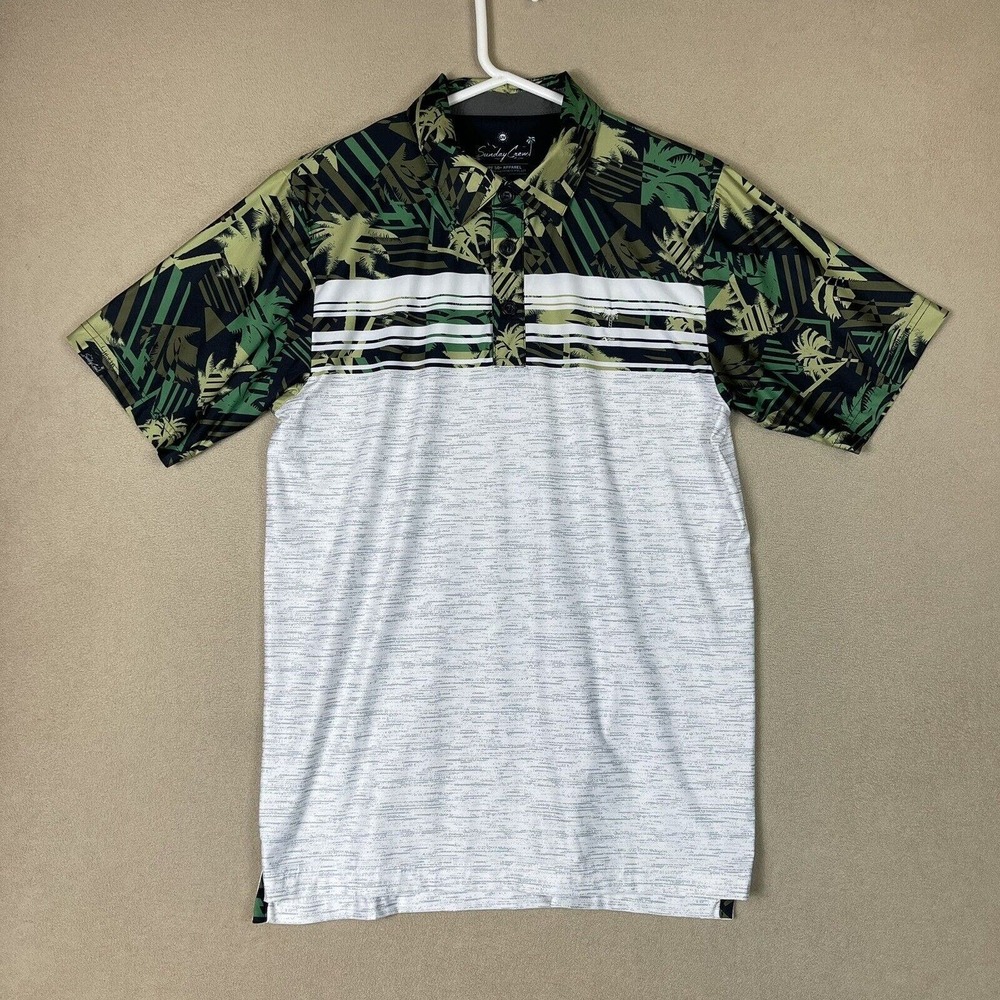 Sunday Crew Polo Shirt Men Small White Green Black Golfing UPF 50+ Adult